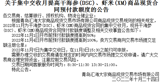 青岛汇海关于集中交收月干海参(DSC)、虾米(XM)商品现货的公告